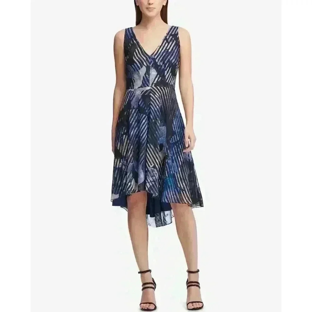 DKNY Blue Shadow Flower Printed Sleeveless Dress, Size 6